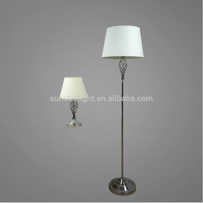 Chrome Plated Metal Base And Body With White Fabric Lampshade Floor Lamp And Table Lamp