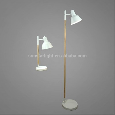 Metal Base And Lampshade In White Powder Coating With Wooden Stem Table Lamp And Floor Lamp